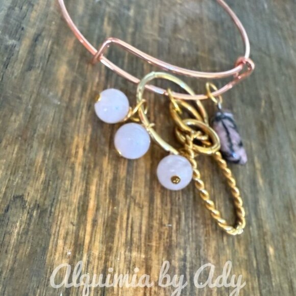 Rhodonite moon  pink quartz  pave heart charms bracelet  gold - Picture 4 of 5